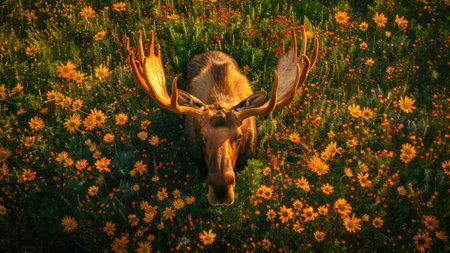 Top view of a moose standing at the edge of a forest clearingの素材