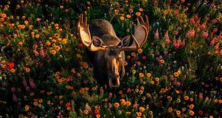 Top view of a moose standing at the edge of a forest clearingの素材
