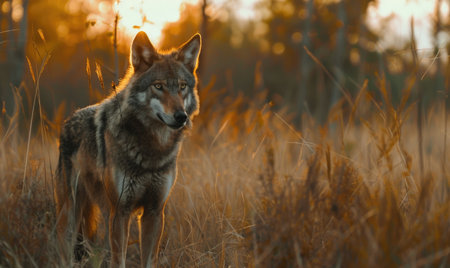 Wolf standing at the edge of a clearingの素材