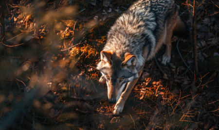 Top view of a wolf prowling through the forestの素材