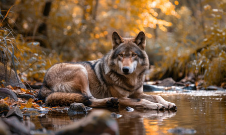 Wolf resting by a stream, autumn forestの素材