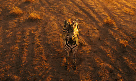 Top view of a zebra standing alone, looking towards the horizonの素材