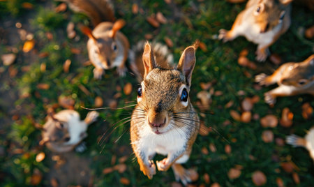 Top view of a squirrel playing with other squirrels, warm afternoon lightの素材