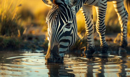 Zebra drinking from a watering holeの素材