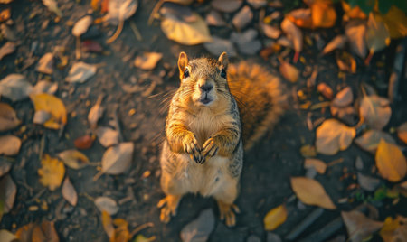 Top view of a squirrel standing on hind legsの素材