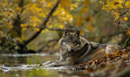 Wolf resting by a stream, autumn forestの素材