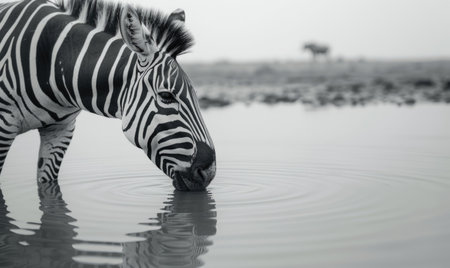 Zebra drinking from a watering holeの素材