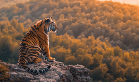 Top view of a tiger sitting on a rockの素材