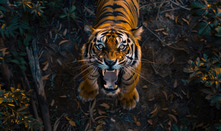 Top view of a tiger roaring in the forestの素材