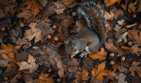 Top view of a squirrel gathering acorns on the forest floor, autumn leavesの素材