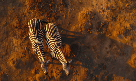 Top view of a zebra pair standing side by sideの素材