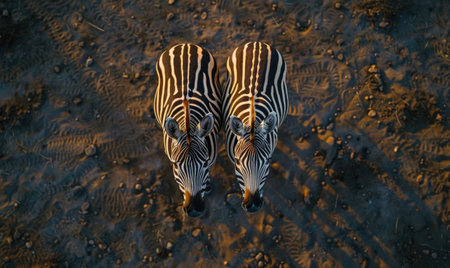 Top view of a zebra pair standing side by sideの素材