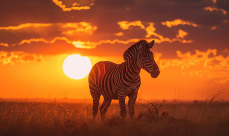 Top view of a zebra silhouetted against the setting sunの素材