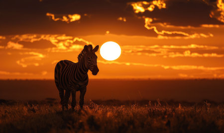 Top view of a zebra silhouetted against the setting sunの素材