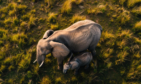 Top view of an elephant herd at sunsetの素材