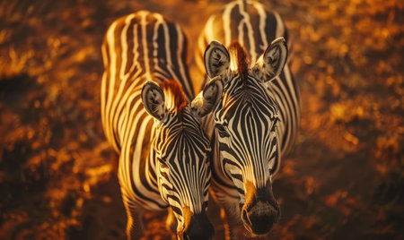 Top view of a zebra pair standing side by sideの素材