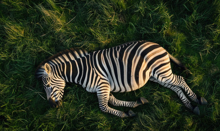 Top view of a zebra lying down in the grassの素材