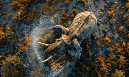 Top view of an elephant spraying water with trunkの素材