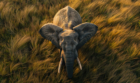 Top view of an elephant walking through tall grassの素材