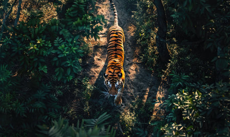 Top view of a tiger walking through the jungleの素材