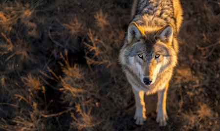 Top view of a wolf stalking prey in the forestの素材