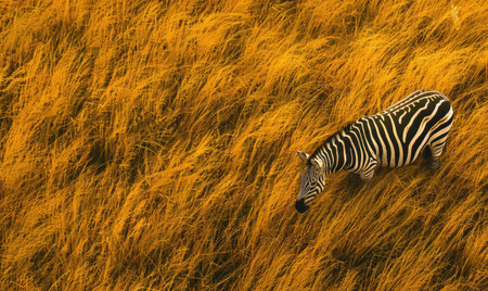 Top view of a zebra grazing in the savannahの素材