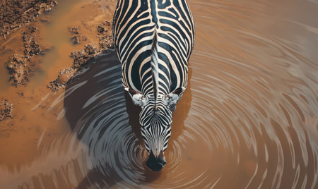 Top view of a zebra drinking from a watering holeの素材