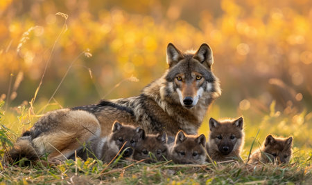 Wolf mother with her pups, playing in the grassの素材