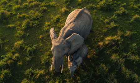 Top view of an elephant herd at sunsetの素材