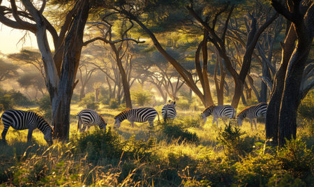Zebra herd grazing near acacia treesの素材