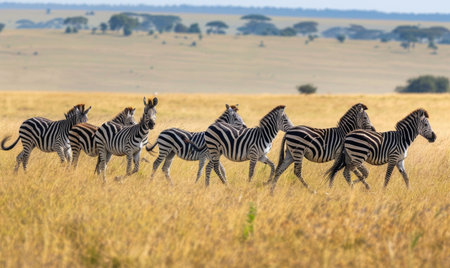 Zebra herd grazing near acacia treesの素材
