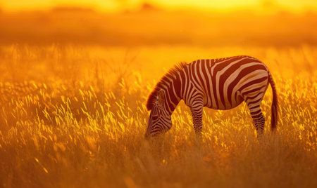 Zebra grazing in the savannah, tall grass, golden sunsetの素材