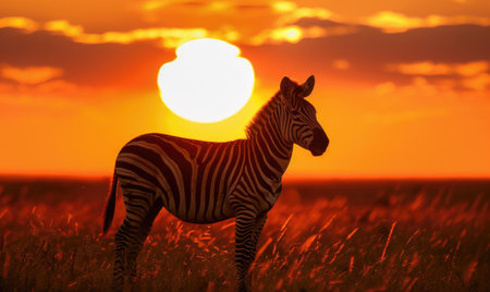 Zebra silhouetted against the setting sunの素材
