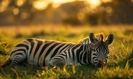 Zebra lying down in the grass, restingの素材