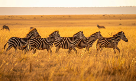 Zebra herd grazing near acacia treesの素材