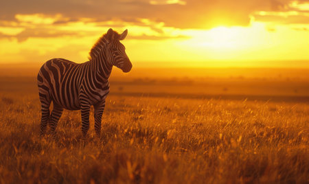 Zebra silhouetted against the setting sunの素材