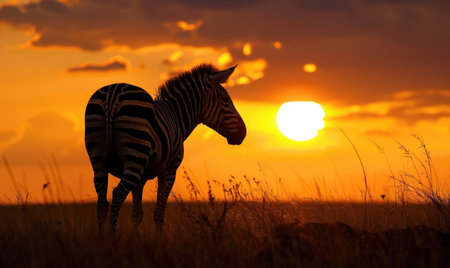 Zebra silhouetted against the setting sunの素材