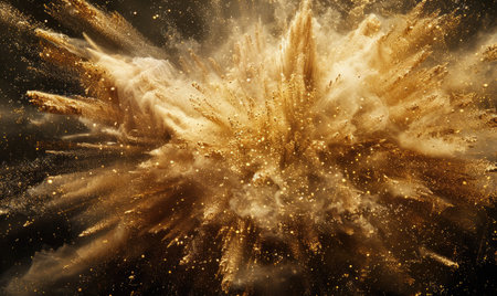 Sand explosion, golden grains dispersing on black backgroundの素材