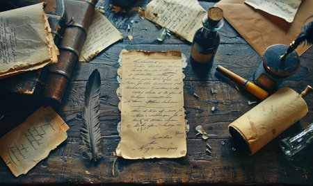 Antique desk with vintage writing supplies, top viewの素材