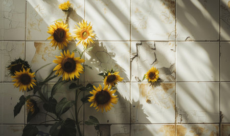 Top view of a white tile countertop, frame of autumn leaves and nutsの素材