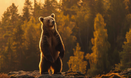 Bear standing on hind legs overlooking the forestの素材