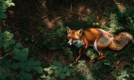 Top view of a fox lying in the shadeの素材