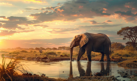Elephant at a watering hole, savannah background, sunset lightの素材