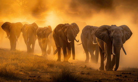 Elephant herd walking across the savannah, dusty landscapeの素材
