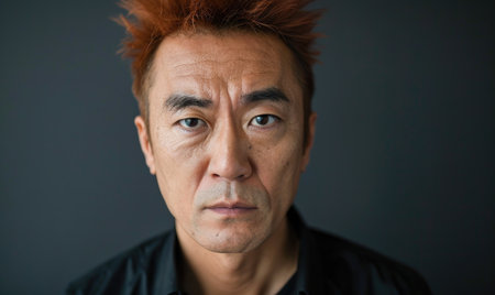Portrait of a Japanese man with short spiky hair, dark red hair colorの素材