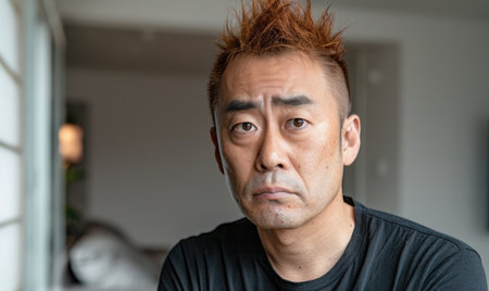 Portrait of a Japanese man with short spiky hair, dark red hair colorの素材