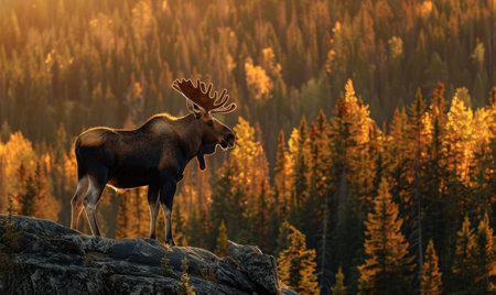 Top view of a moose standing on a rocky outcropの素材