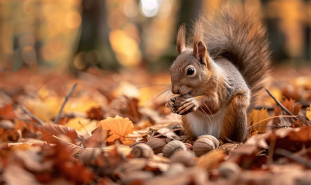 Squirrel gathering acorns on the forest floorの素材