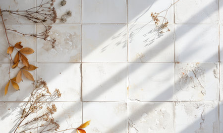 Top view of a white tile countertop, frame of autumn leaves and nutsの素材