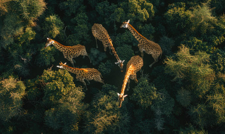 Top view of a giraffe eating leaves from tall treesの素材